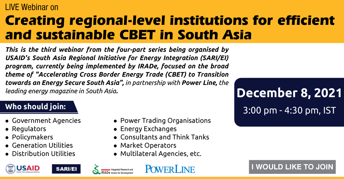 SARI_EI_2022's tweet photo. Institutionalizing forums and mechanisms can boost sustainable cross border energy trade. Join the webinar on 8th Dec, 3 pm IST, as policymakers & experts from #SouthAsia deliberate on the role & structure of such forums. Register: https://t.co/mjcLlNpeUn
#IndoPacific #AsiaEdge https://t.co/c1v150k1Mn