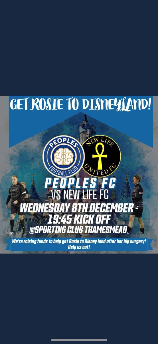 SCThamesmead's tweet photo. This Wednesday down at Sporting Club Thamesmead @peoples_fc are hosting a charity match to get Rosie to Disneyland! Everyone is welcome, come and support a worthy cause running in the local community! 

Sporting Club Thamesmead
Bayliss Avenue 
Thamesmead
SE28 8NJ
7.30pm KO https://t.co/iLOpnFSS36