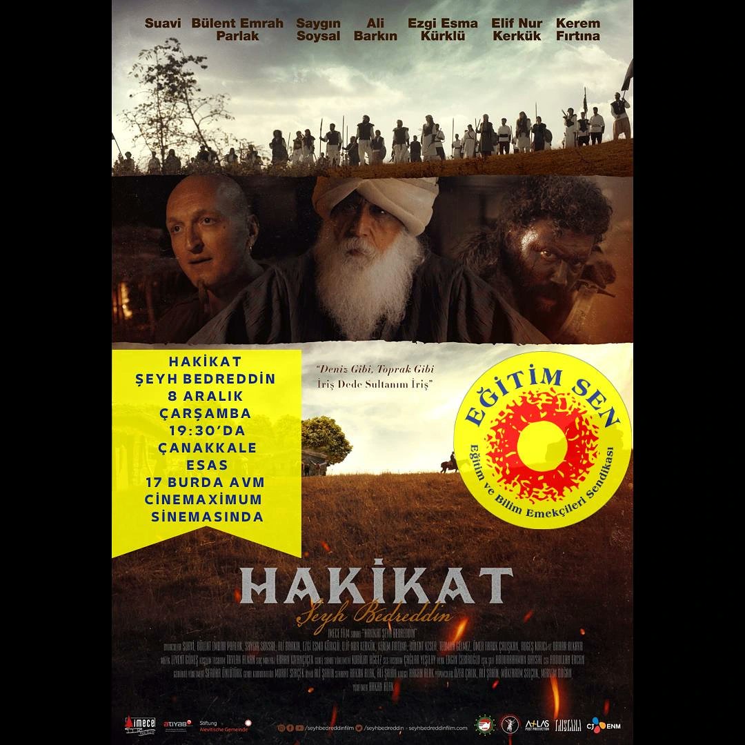 Filmimiz EĞİTİM-SEN öncülüğünde 8 Aralık saat 19:30'da ÇANAKKALE ESAS 17Burda AVM'de gösterimde olacaktır.
#şeyhbedreddin #hakikat #film #vizyondakiler #sinema #filmedairherşey #sanat #pantenealtinkelebek #eğitimsen #sanatetkinliği #şeyhbedrettin #kesk #disk #ihd  #beyazperde