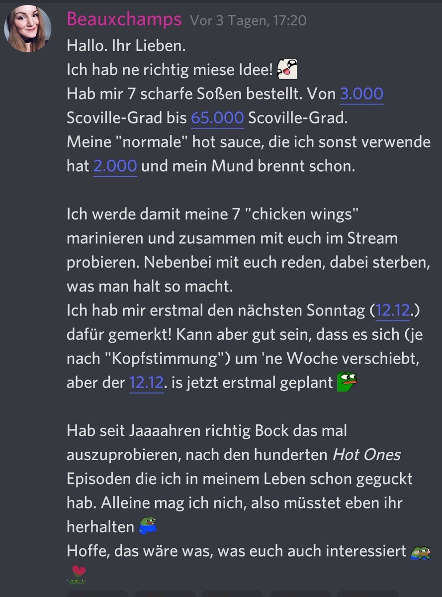 tl;dr:

Am Sonntag werde ich sehr scharfes Zeug essen und leiden. Schön weihnachtlich, perfekt.