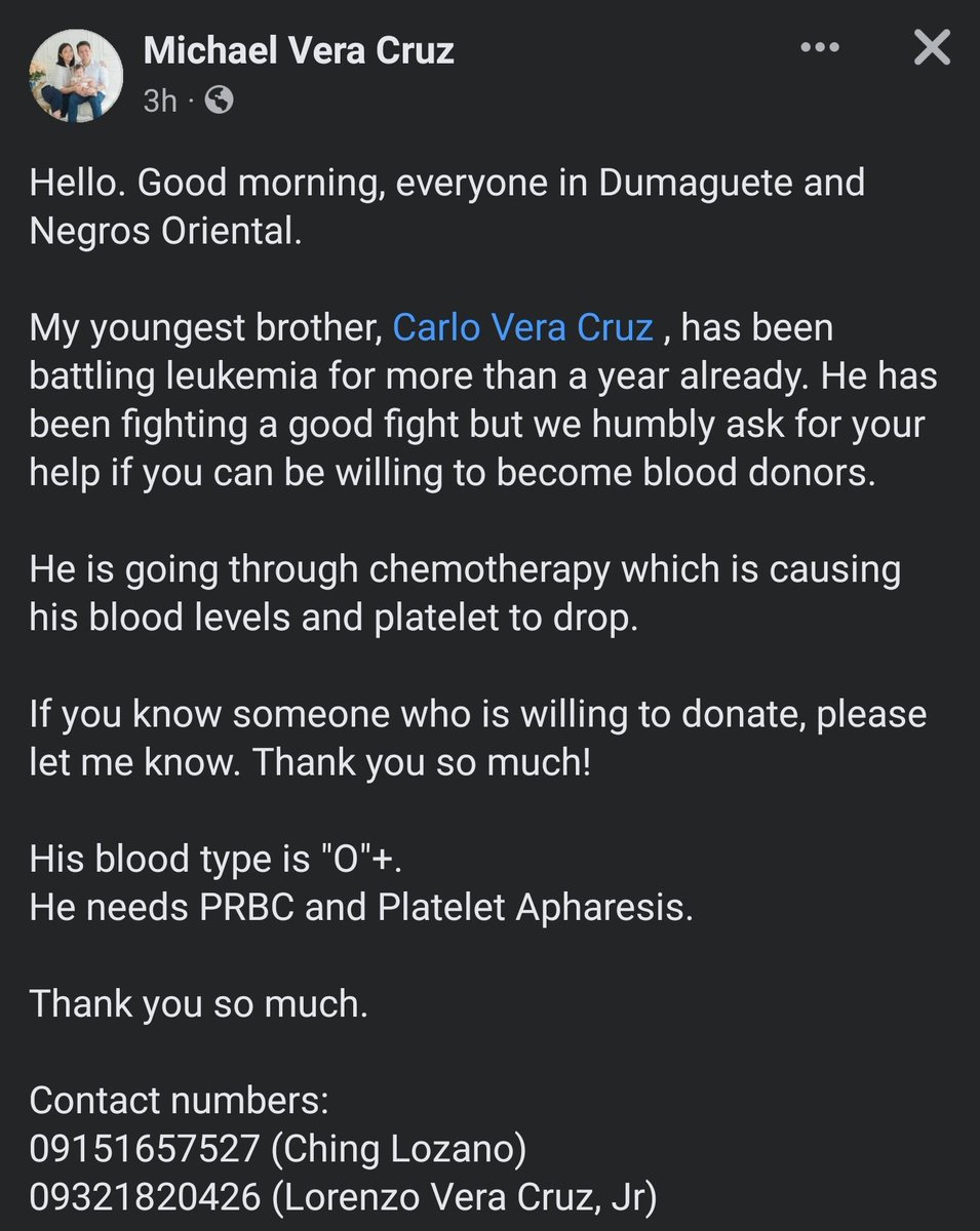 pauloMDtweets's tweet photo. To my @Twitter mutuals in the Visayas especially sa Dumaguete, my former resident sa ENT in Jose Reyes is asking for your help for his brother who is battling from LEUKEMIA. Anyone who's in Dumaguete at the moment baka maka help kayo. Salamat ka-ayo π #MedTwitter #MedPH #PinoyMD https://t.co/LSIkJcjFaJ