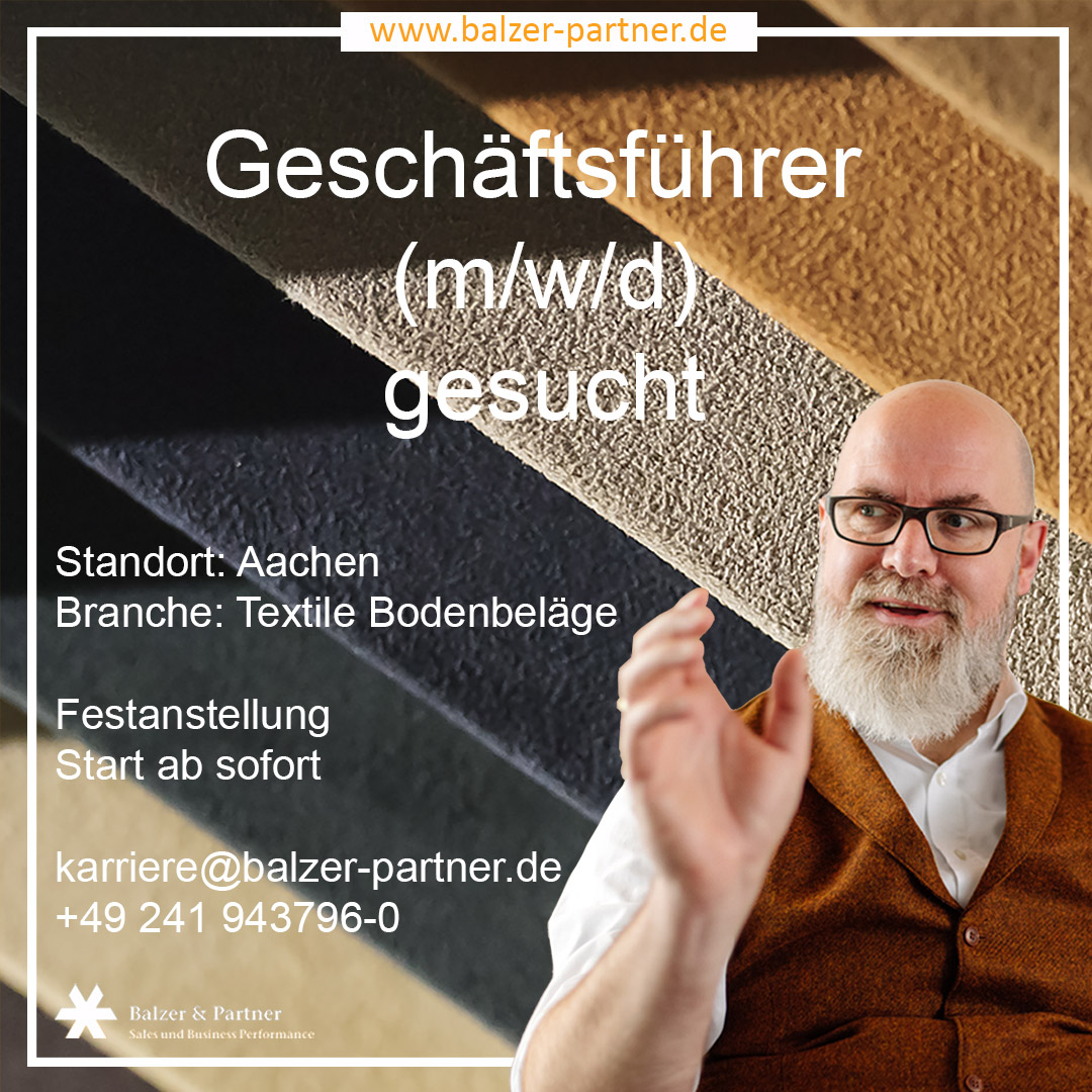 Balzer_Partner's tweet photo. ✅ Geschäftsführer (m/w/d) gesucht ✅
Standort: Aachen
Branche: Textile Bodenbeläge
 
Festanstellung
Start ab sofort
 
👉 https://t.co/2ioxDhE9MI 👈
📩 karriere@balzer-partner.de 
📞 +49 (0)241 94 37 96-0
 
#karriere #jobpost #geschäftsführung #textilerbodenbelag #teppichboden https://t.co/YRgRhgW0Lt