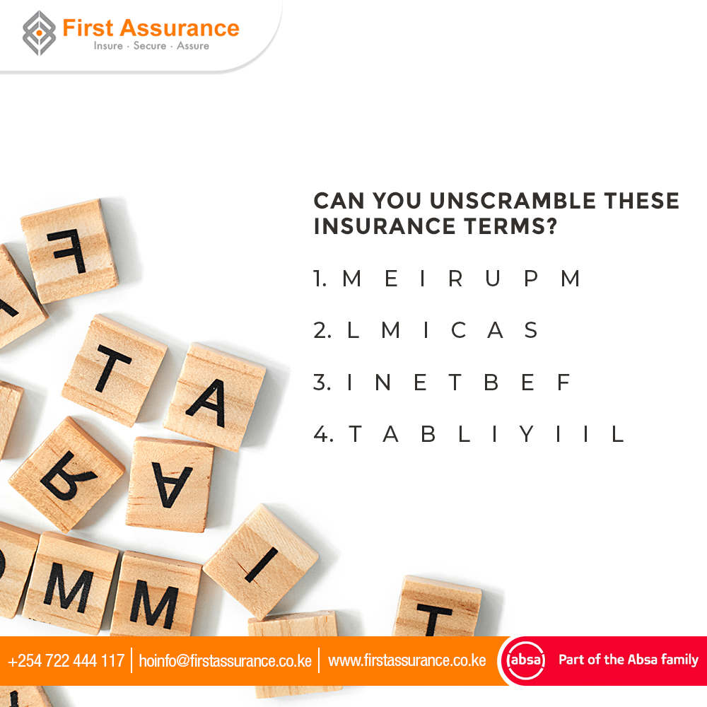 First_Assurance's tweet photo. How well do you know your insurance terms?

Unscramble these words and show us in the comments below.
Bonus points if you can tell us what each term means 😉

#Insurance #WordScramble #puzzle #InsuranceFastandEasy #FirstAssurance https://t.co/i3fDTtQ1VY