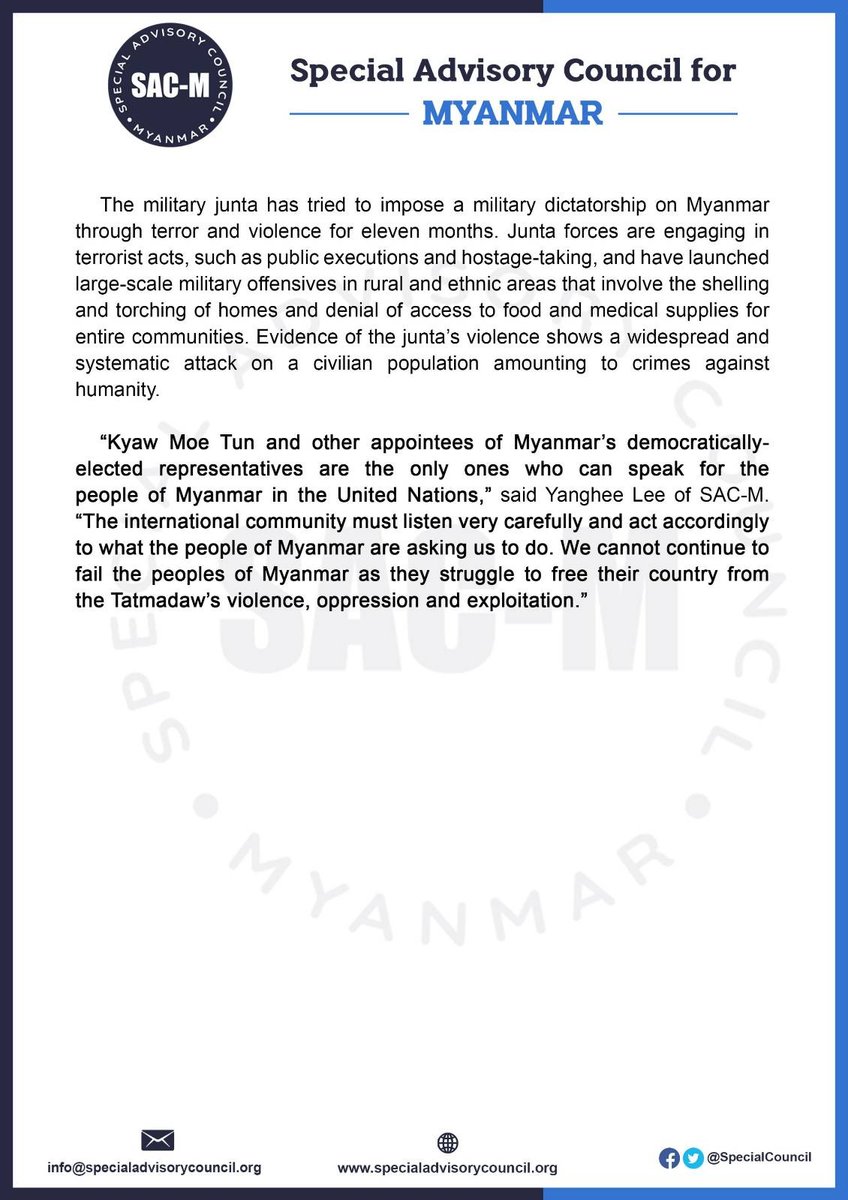 In approving NUG aligned Kyaw Moe Tun to remain in place as representative of Myanmar, the UN General Assembly has confirmed the illegal junta does not represent #Myanmar in its eyes. NUG appointees must represent Myanmar across the entire UN system. 

PR: bit.ly/3Gj07zg