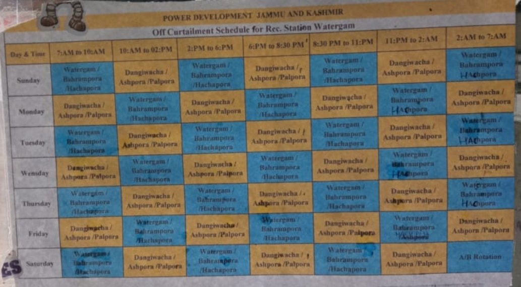 KSopore's tweet photo. @KPDCLOfficial @T0p1aryy @EBaramulla @kansalrohit69 @KpdclS Plz find the schedule.Although it may be affected till mid Dec due to partial shut down at Amargarh grid station as and when necessary in connection with its ongoing Augmentation work https://t.co/hukLCO5Gp8