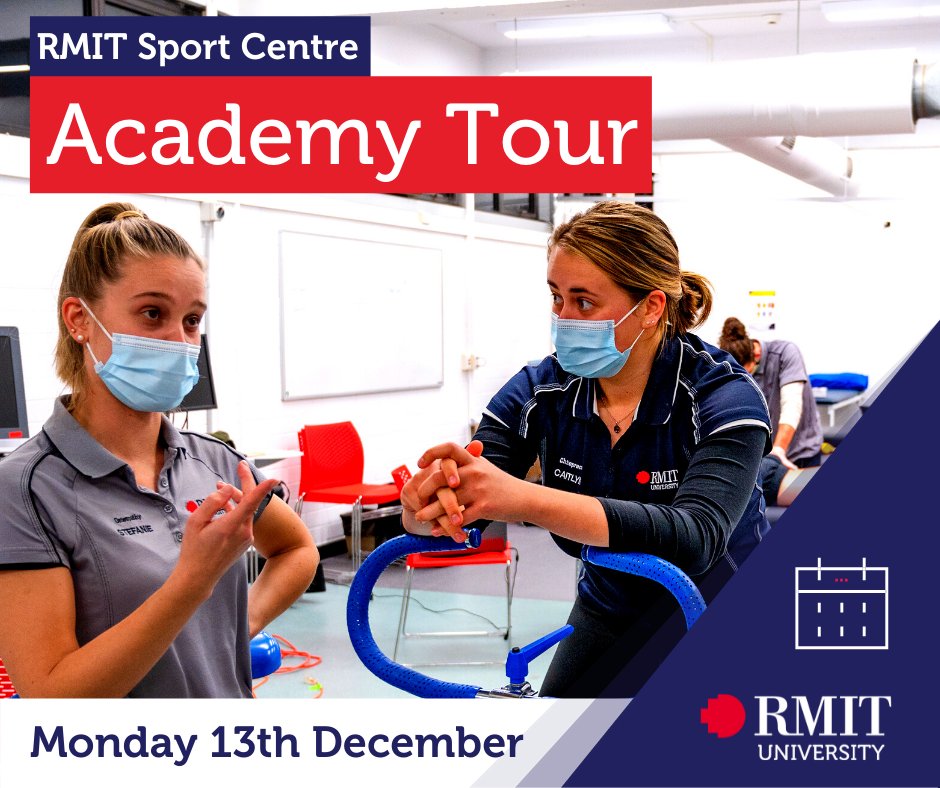 ➕🗓 Want to get involved in sport in 2022? 

Join our industry professionals at the RMIT Sports Centre in Bundoora for an exclusive Academy Tour of our state of the art facilities 🏋🏼‍♂️ ⛹🏻‍♀️

Monday 13th December @ 6:30pm.
#RMITUniversity #RMITStudents #StudentLife
