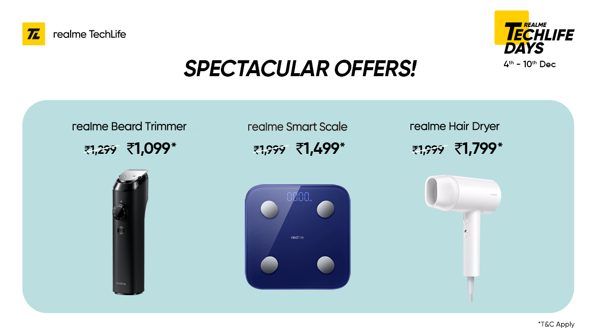 realmenarzoIN's tweet photo. Go big on savings at the #realmeTechLifeDays Sale!
Rush now to get the #realmeBeardTrimmer, #realmeSmartScale & #realmeHairDryer at extraordinary prices*.
*T&C Apply
Available on https://t.co/n3vAbwuqXx, @Flipkart & @myntra.
Buy now: https://t.co/4cwIWuPoyF https://t.co/llx7hpbgvZ