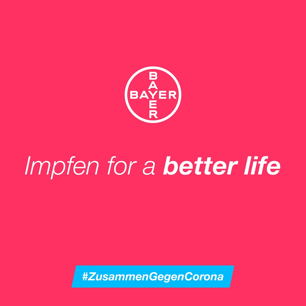 "Impfen For A Better Life"! 💪💉

Heute steht alles im Zeichen von #ZusammenGegenCorona! Und wir sind natürlich dabei.
Wie immer bei #TeamBayer weist uns die Wissenschaft den Weg und die sagt klar: Nur Impfen beendet diese Pandemie. Also macht alle mit: Wir schaffen das!