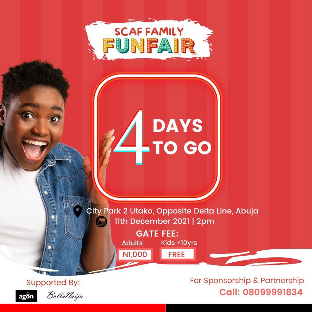 SCAF_Nigeria's tweet photo. 4 days to go!!!!
Everyone is welcome to the biggest Family Funfair in Abuja!
Date: 11th December 2021
Time: 2pm
Venue: City Park 2 Utako, Opposite Delta Line, Abuja
Click the link in our bio to get your ticket.
#AbujaTwitterCommunity #funfair #scaffunfair #supportSCAF https://t.co/74ohnP2xkk