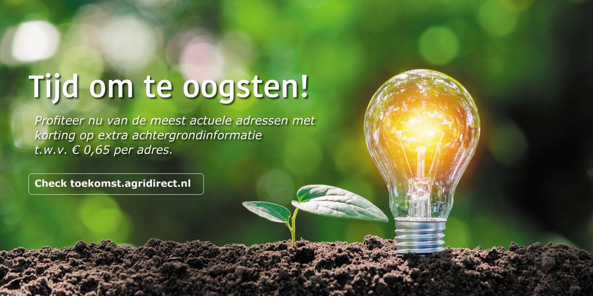 𝗩𝗲𝗿𝗿𝗶𝗷𝗸 𝗷𝗲 𝗱𝗮𝘁𝗮𝗯𝗮𝘀𝗲 𝗲𝗻 𝗼𝗻𝘁𝘃𝗮𝗻𝗴 𝗲𝗲𝗻 𝗯𝗲𝗱𝗿𝗶𝗷𝗳𝘀𝗶𝘁𝗲𝗺 𝗴𝗿𝗮𝘁𝗶𝘀!
Begin 2022 goed met een actueel adressenbestand! Ontvang gratis achtergrondinfo ter waarde van €0,65 per adres (bv. teelt, areaal of veebezetting).

toekomst.agridirect.nl/?utm_source=Tw…