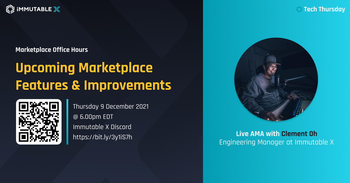 Immutable's tweet photo. 🚨You're invited to our Tech Thursday Developers Office Hours w/ the @Immutable X team to chat about the planned features and improvements for the Marketplace!

⏰Thursday 9 Dec at 6pm EDT

Post your questions in our Discord channel #community-event-text 👉https://t.co/tL5XEkpcu9 https://t.co/48GJ4DJpgz