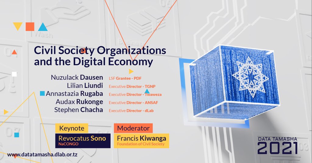 DataTamasha's tweet photo. UP NEXTโฆ
Civil Society Organizations in the Digital Economy with talks from #LSF #PDF #TGNP @Twaweza_NiSisi @ANSAFForum #NACONGO
Join us live at https://t.co/AppPIuiQj4
#DataTamasha2021 #UnboxingData #DigitalEconomy https://t.co/SdSRVz9b97