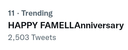 EllaTrendsetter's tweet photo. Trending at Number Eleven. Higher, Fam!

HAPPY FAMELLAnniversary https://t.co/JfwBirQbrp