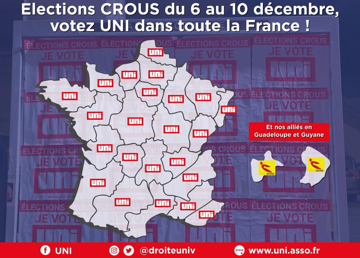 droiteuniv's tweet photo. Une académie, un CROUS, une liste de l’UNI ! Un maillage territorial complet pour vous représenter au mieux et battre la gauche.
Faisons gagner la seule droite étudiante présente partout en France 🇫🇷 https://t.co/dCUG4nrLyY