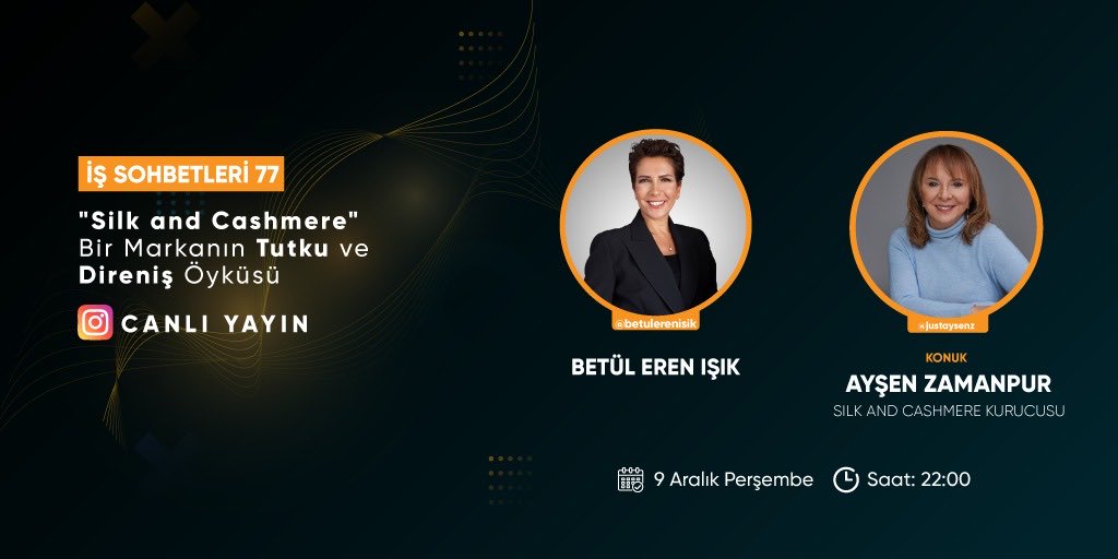 betulerenisik's tweet photo. #MOTAD seminerleri nedeniyle ara verdiğimiz #işsohbetleri canlı yayınımız, #muhteşem bir isimle devam ediyor. Kendisinden #farklı ve #özgün bir #Markanın #tutku ve #direniş #öyküsünü dinleyeceğimiz, #SilkandCashmere’in #Kurucusu #AyşenZamanpur canlı yayın konuğum.@justaysenz https://t.co/lMGglwzP05