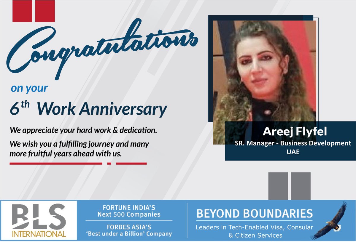 BLSintServices's tweet photo. Many congratulations to #AreejFlyfel (SR. Manager - Business Development) on your 6th #workanniversary at #BLSInternational. Thank you for your valuable contribution.
#employeemilestone #blsemployee #valuableresource #employeejourney https://t.co/fKZyjz7nfx