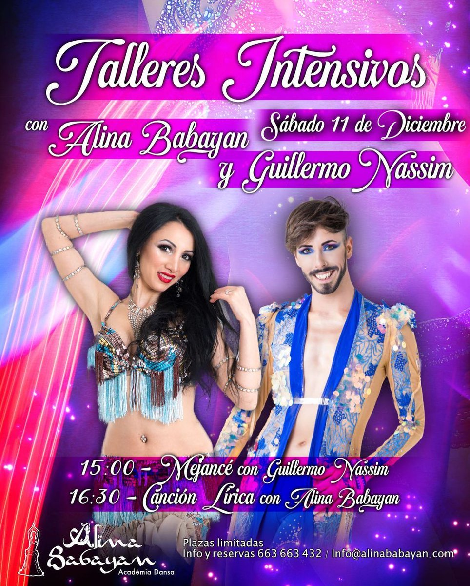AcademiaAlina's tweet photo. 💃 Este fin de semana organizamos 2 talleres presenciales de #danzaoriental con Alina Babayan y Guillermo Nassim, con un precio muy especial al inscribirte a los dos y la version online de regalo para que puedas repasar en casa cuando quieras  - https://t.co/u6tiwUpC7I https://t.co/FYrk3Ghyr4