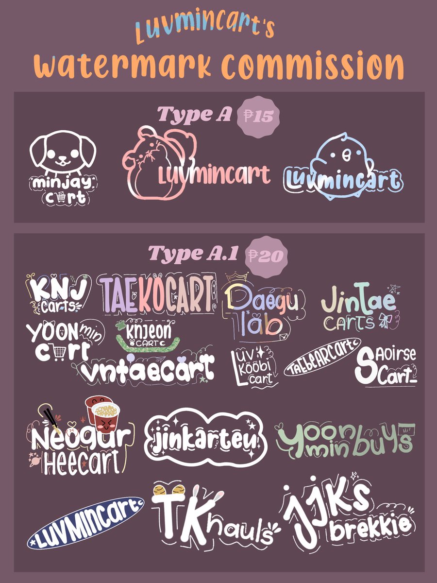luvmincart's tweet photo. ꒰ #luvmincomms ꒱ [ new watermark samples ] watermark comms ph

          ⌘ hello! these are some sample watermark i made! prices are included in the photo below. read the t&amp;c before dm-ing me. u can check #luvminmakes for feedbacks（＞ｙ＜ ) send me a dm for inquiries! https://t.co/ZsNFAhW7hn