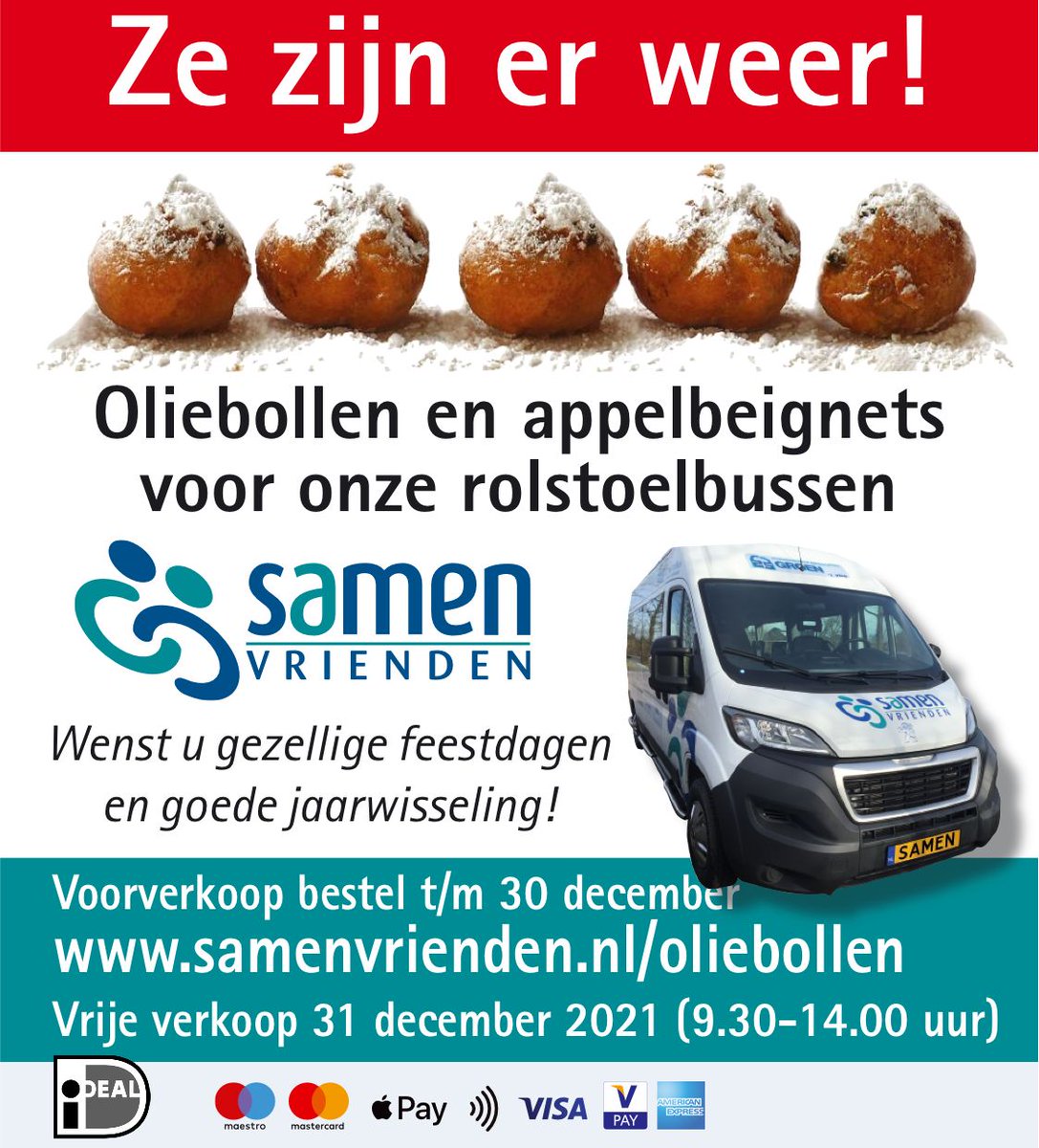 Bak jij nog zelf je oliebollen? Dat kan beter! Bestel voor 30 december je oliebollen via samenvrienden.nl/oliebollen. De opbrengsten komen ten goede aan de rolstoelbussen die rijden voor de bewoners van Samen!
