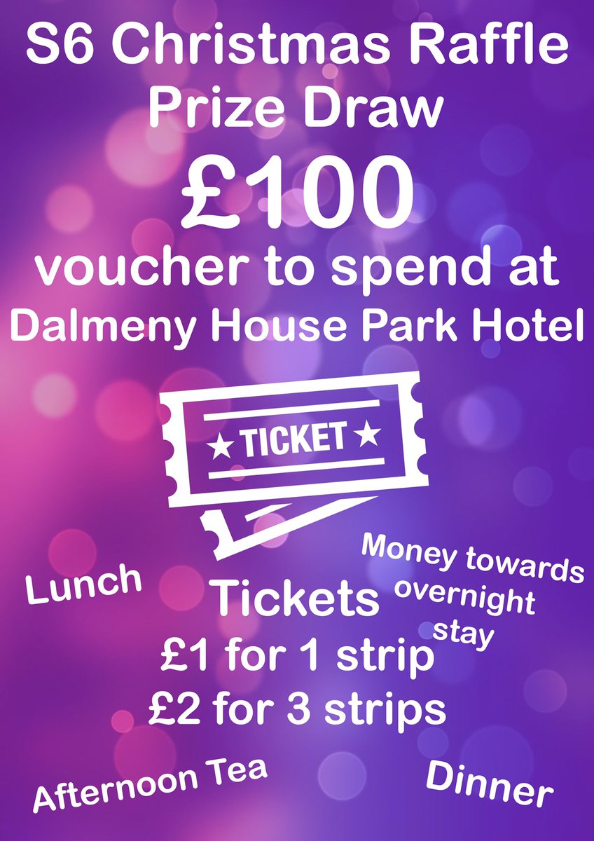 S6 Christmas Raffle!
This year S6 will be having a raffle for a £100 voucher for Dalmeny Hotel in Barrhead
If you would like to buy a ticket please give your money to your child and they should give it to a badgeholder!
Good luck everyone
@GlenifferHigh