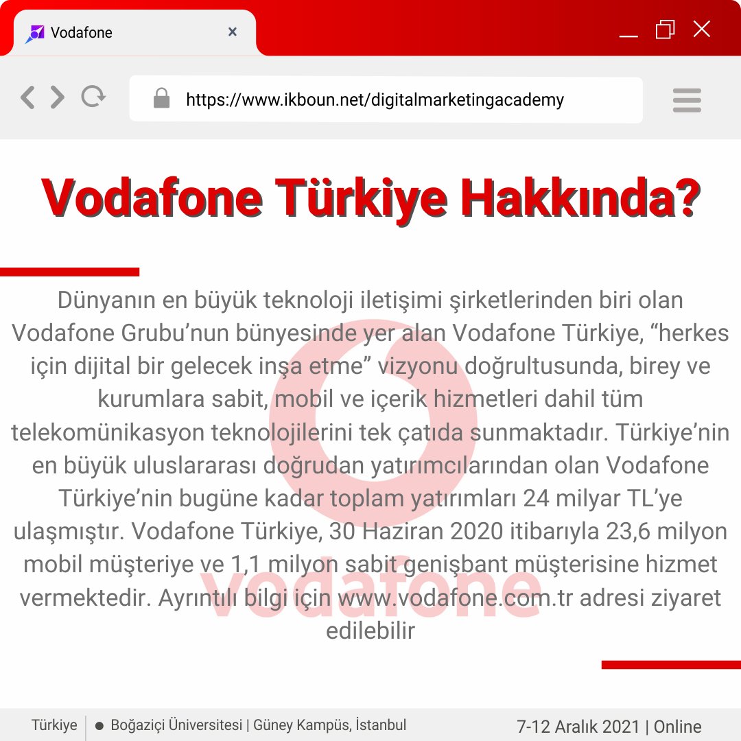 Vodafone Boğaziçi Üniversitesi Digital Marketing Academy'de!

7-12 Aralık tarihlerinde dijital pazarlama ile ilgili merak ettiğiniz her şeyi öğrenebilirsiniz, aşağıdaki linkten biletinizi almayı unutmayın!
Biletler: biletino.com/tr/e-dpa/bogaz…
.
#vodafone