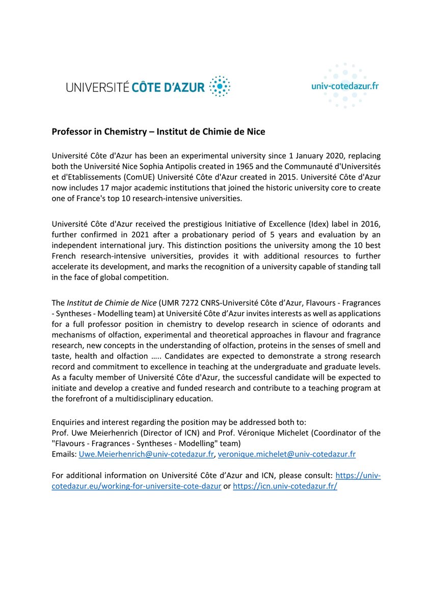 VMichelet06's tweet photo. The Institut de Chimie de Nice @NiceChemistry - Université Côte d'Azur @Univ_CotedAzur invites interests for a full professor position in chemistry to develop research in science of odorants and mechanisms of olfaction. Please spread the word and contact us! https://t.co/u4nnczrEbr
