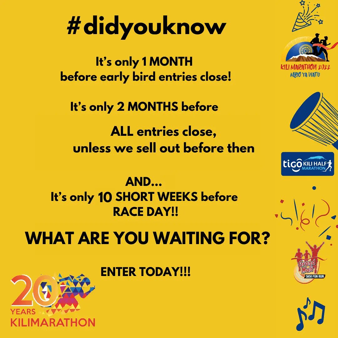 KiliMarathon's tweet photo. “In the weeks and days leading up to a big race, the key is to strike a balance between increased excitement and readiness but not so much pent up energy that you feel anxious,” Kate Grace.”
#20yearsofkilimarathon #kilimanjaromarathon #kilimarathon2022 #Kilimanjaro #mbioyawatu https://t.co/GWfUcvtHMm