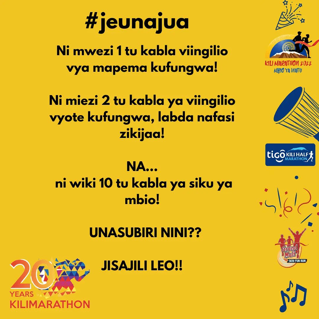 KiliMarathon's tweet photo. “In the weeks and days leading up to a big race, the key is to strike a balance between increased excitement and readiness but not so much pent up energy that you feel anxious,” Kate Grace.”
#20yearsofkilimarathon #kilimanjaromarathon #kilimarathon2022 #Kilimanjaro #mbioyawatu https://t.co/GWfUcvtHMm