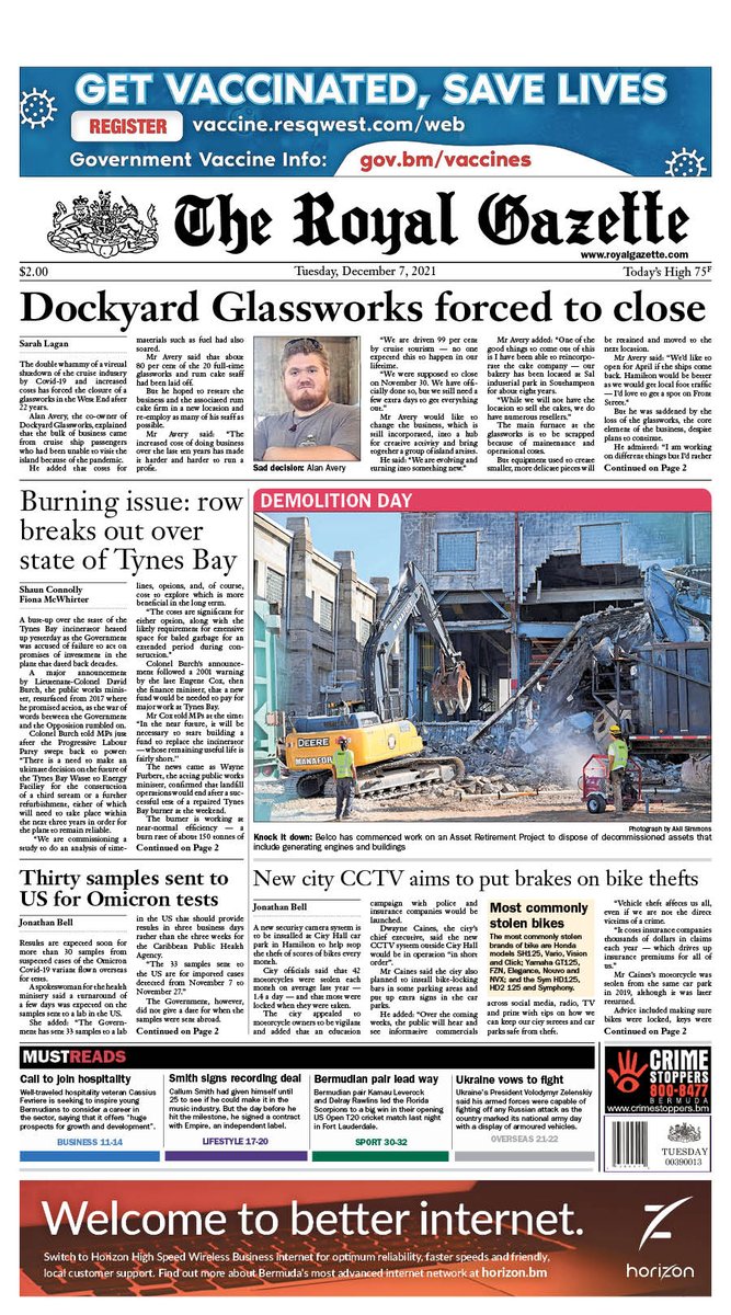 TheRoyalGazette's tweet photo. Here is the front page of Tuesday’s Royal Gazette
#Bermuda  #tomorrowspaperstoday #todaysfrontpages https://t.co/slt7Y6JMcV