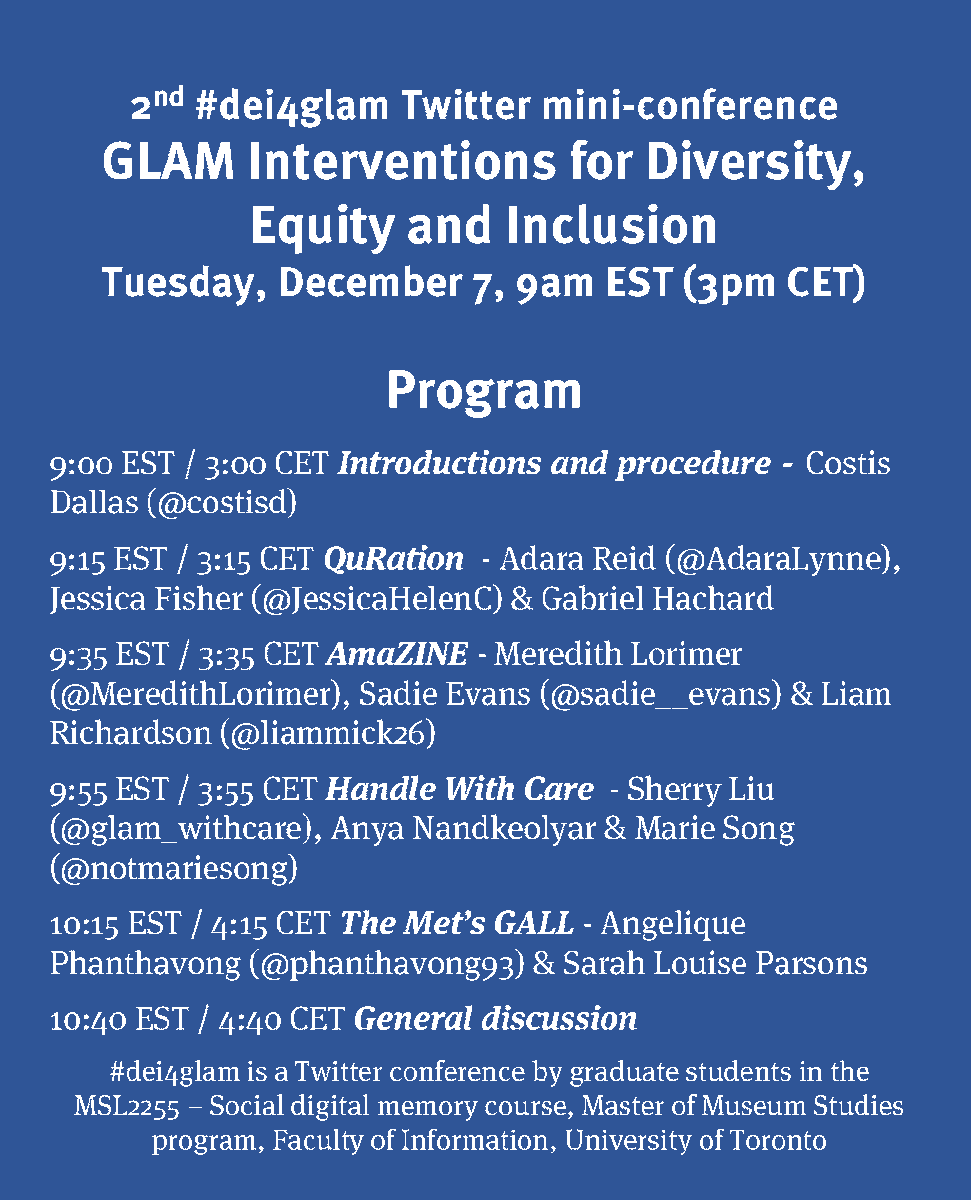 costisd's tweet photo. Today, 2pm GMT / 3pm CET / 4pm EET. Time 4 another #dei4glam Tw mini-conference! What are meaningful #socialmedia & #participatory interventions in #museums #glam? @UofTInfoFaculty #MMStTO students in #MSL2255 #socialdigitalmemory class offer ideas. Retweet, join, comment, react! https://t.co/fcQ6uhVSuc