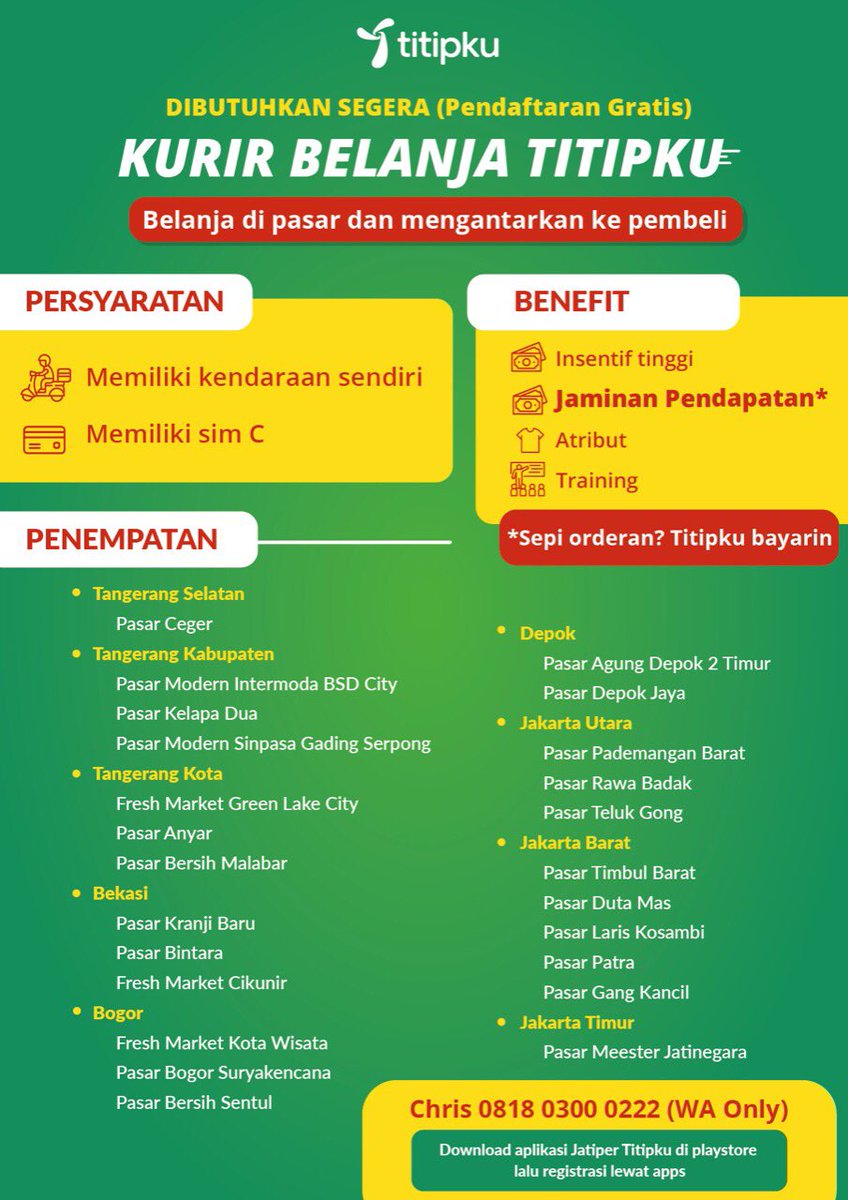 ChristKostka's tweet photo. @hrdbacot Halo Jobseeker 👋🏻

Titipku membuka kesempatan untuk Anda yang ingin bergabung menjadi Mitra Kurir Belanja Titipku

Titipku juga memberikan jaminan pendapatan, jadi kalau orderan sepi Titipku yang bayarin.

Tertarik? Silakan hubungi nomor 0818-0300-0222 untuk mendaftar. https://t.co/7jFOw8jZcX