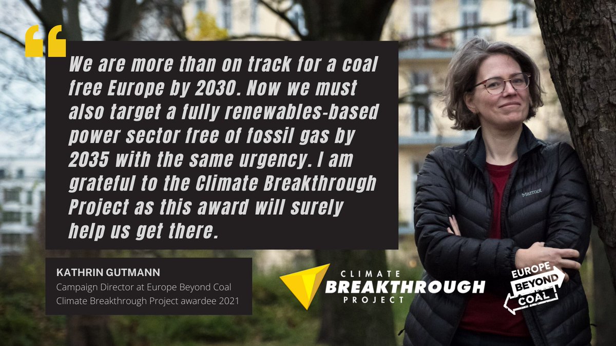 Beyond_Fossils's tweet photo. Congratulations @kathringoodman on receiving the 2021 US$3M #ClimateBreakthrough Award from everyone at #BeyondCoal

This year we passed halfway in our goal to close all of Europe’s #coal plants by 2030  

Now we add a new goal: #FossilFree power by 2035!

https://t.co/JRk3NbEEUj https://t.co/5J3gYZqoW8