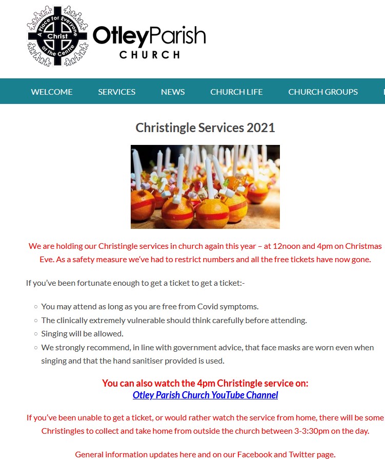 Christingle: Would you believe it! See screenshot. The tickets have all been mopped up!
BUT there will be a limited number of Christingle kits for collection outside church between 3-3:30pm on Christmas Eve, which people can take home to watch the live streamed 4pm service.
