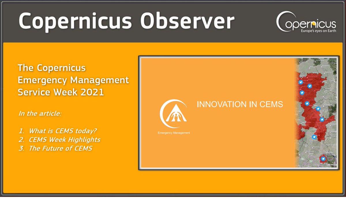 CopernicusEMS's tweet photo. 📢 #CEMSWeek 2021 in #CopernicusObserver
At the CEMS Week, our annual user workshop, we introduced new & powerful innovations which complement our product portfolio
🏘️Global Human Settlement Layer
🌊Global Flood Monitoring product
Read the report here👇
https://t.co/ALAHXvZfGf https://t.co/834crIZg8N