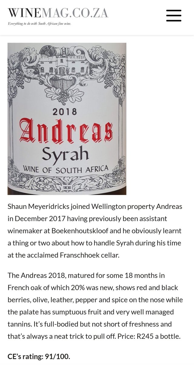andreaswinesa's tweet photo. Our 2018 Andreas Syrah was rated 91/100 by @ChristianEedes.
Read his review posted on the @Winemag blog and see #YAndreasSyrah should be on your dinner table this festive season!
Share your #AndreasSyrahMoments with us!
🛒 via https://t.co/LqdT9tiJYE
#syrahlover @Shiraz_SA https://t.co/Wo1AIUWreS