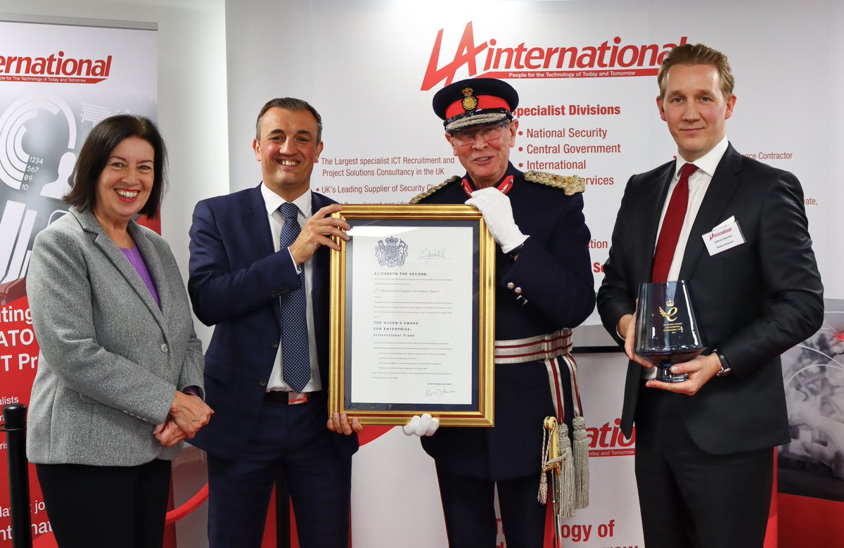 LAInternational's tweet photo. Lord-Lieutenant of Staffordshire Ian Dudson presents Queen's award to LA International in the presence of the Rt. Hon @jogideon MP.  https://t.co/3NBMzor5hi https://t.co/iZ9SII0Q4g