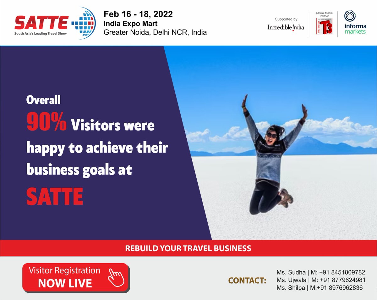 SATTE_India's tweet photo. Are you a travel agent looking for opportunities to grow your business? South Asia's biggest exhibition SATTE 2022 is a one-stop solution for all your business needs. Visitor's registration is Live Now! https://t.co/bhUmrr3iT3
#InformaAllSecure #YourSafetyOurPriority #SATTE https://t.co/AZpMZnd24s