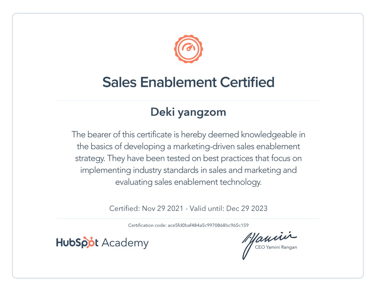 DekiYan16445730's tweet photo. I just got my Sales Enablement Certification from HubSpot Academy! https://t.co/VoVsgaTRNI 
@kyle_jepson https://t.co/XjJhcbVngO