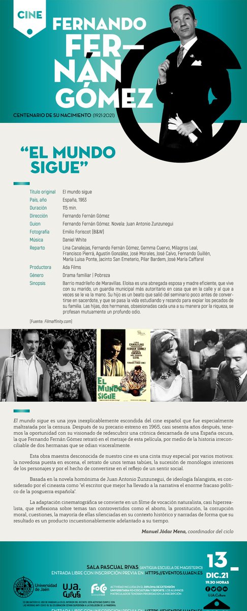 UjaCultura's tweet photo. FOCO | DEU | CINE

🗣️El día 13 tenemos otra cita con uno de los grandes del cine español, Fernando Fernan Gómez🎥🎞, en el ciclo coordinado por Manuel Jódar Mena (UJA)

👇Anota las fechas e 🎟inscríbete en https://t.co/WLSSLAApZz

#ujaen #UJACultura #VicProyec #Cine https://t.co/Gmo4Hrhbw3