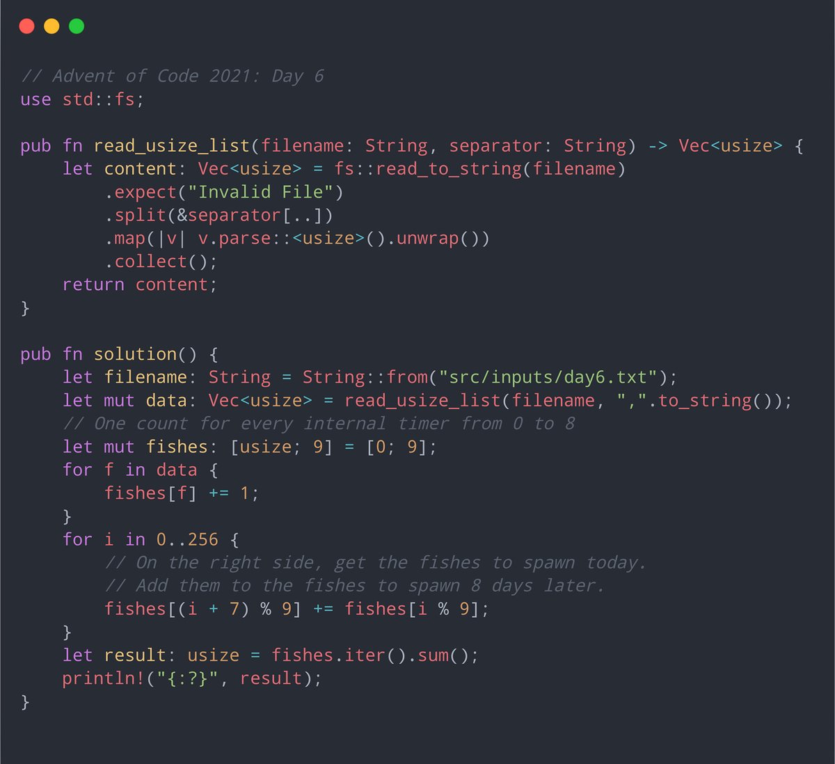uroybd's tweet photo. Since I read the brief, I smelled the stink of possible memory error. The good thing is I was prepared.

#AdventOfCode2021 Day 6. https://t.co/P4xgUfQhmx