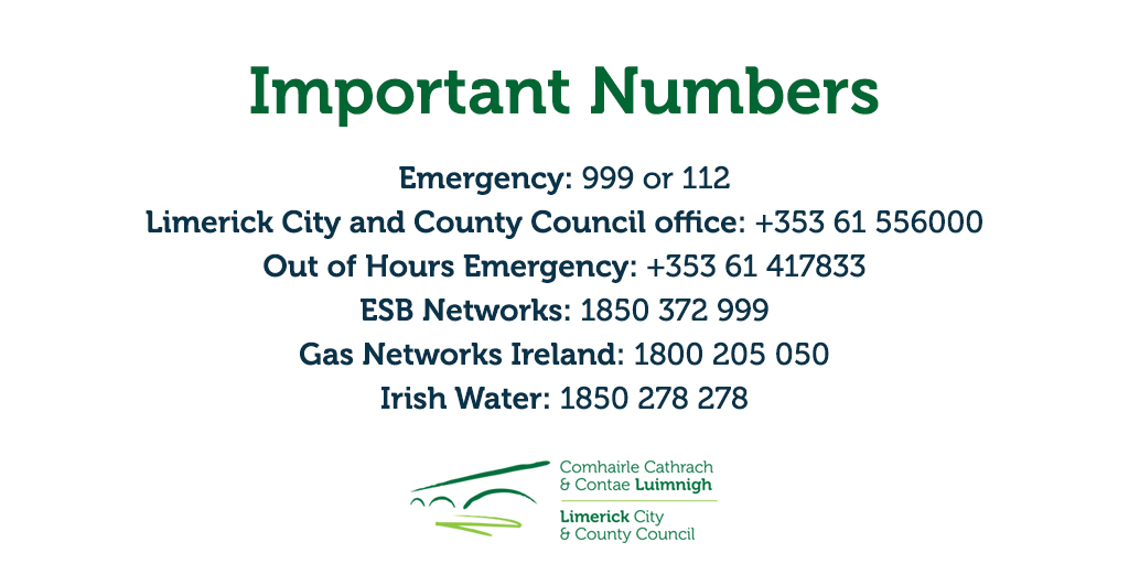 LimerickCouncil's tweet photo. Important numbers for #StormBarra

Please stay safe #Limerick #LKWorkingTogether https://t.co/DdnzDPIhhP