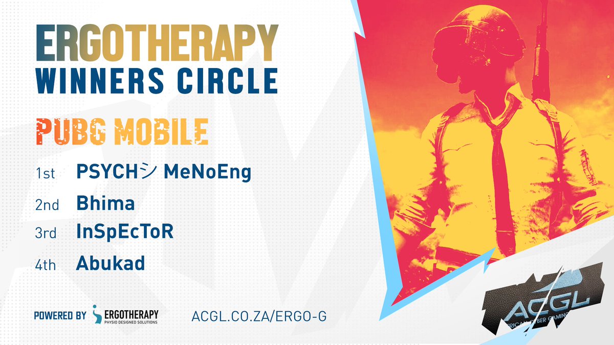 AfricanGaming's tweet image. 🏆 Congratulations to the top players in Monday's #PUBGMobile cash cup sponsored by #Ergotherapy. 

🥇 PSYCHシ MeNoEng
🥈 Bhima

➡ More cups here: acgl.co.za/ergo-g

#SAgaming #GamingZA #gaming #SAesports #EsportsZA #esports #AfricanEsports #PUBGMza #MobileEsports
