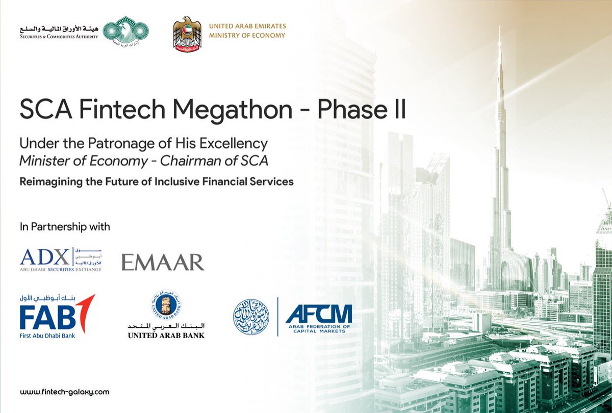 uaecma's tweet photo. Under the patronage of His Excellency Minister of Economy and Chairman of the Securities and Commodities Authority (SCA), the 2nd phase of the mega innovation program is being launched by the SCA on Fintech Galaxy’s open API platform FinX22!
#Megathon #Innovationprograms https://t.co/keOuwI5wFX