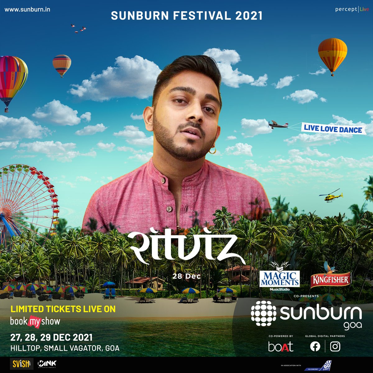 SunburnFestival's tweet photo. We’re bringing India’s sensation at #SunburnGoa2021 ☀️
Catch @RITVIZ on 28th December!
With his unique tunes 🎶 A melodic vibe you cannot miss!!
General Phase & Day-wise Tickets are now live!
Hurry! Book NOW 🎟 - https://t.co/qgymmpMK8L
#LifeIsCalling #LiveInYourLivingRoom https://t.co/gPcIdKaJjr