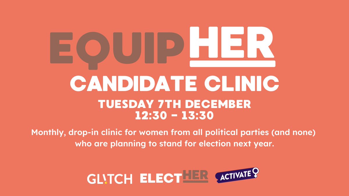 ElectHer_UK's tweet photo. Our final drop-in candidate clinic of the year is taking place today! Open to all women preparing to be a candidate in the elections next year our #EquipHer: Campaign Support series will give you the tools, motivation &amp; support to #GetReadyToStand.
👉https://t.co/i44J7zg7zK https://t.co/t85YRqR9oZ