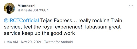 IRCTCofficial's tweet photo. We at #TejasExpress always aspire to make our passenger's travel experience most comfortable. Here are a few passenger feedbacks on Tejas Express services.
#TejasExpress #GoTejasGo https://t.co/aM7kd6qqpG