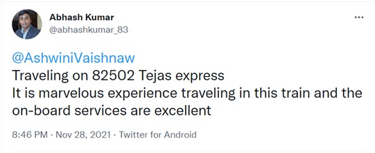 IRCTCofficial's tweet photo. We at #TejasExpress always aspire to make our passenger's travel experience most comfortable. Here are a few passenger feedbacks on Tejas Express services.
#TejasExpress #GoTejasGo https://t.co/aM7kd6qqpG