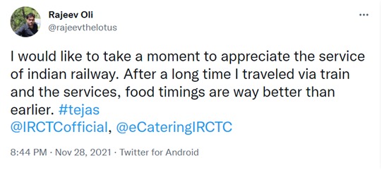 IRCTCofficial's tweet photo. We at #TejasExpress always aspire to make our passenger's travel experience most comfortable. Here are a few passenger feedbacks on Tejas Express services.
#TejasExpress #GoTejasGo https://t.co/aM7kd6qqpG