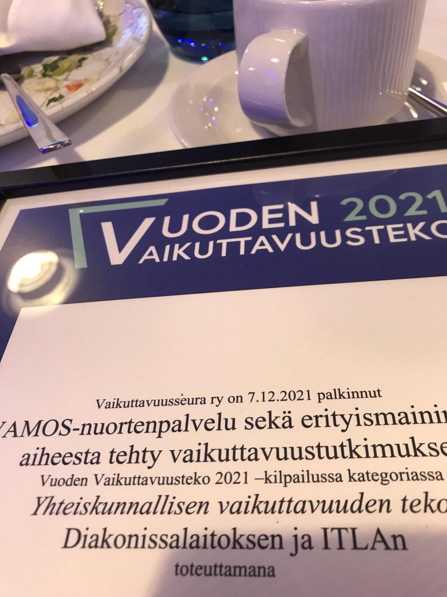 TerhiLaine's tweet photo. Vamos ja ITLA:n tekemä vaikuttavuustutkimus on palkittu vuoden vaikuttavuustekona. Kiitos kuuluu rohkeille Vamos-nuorille ja ammattitaitoiselle valmentajille. ⁦@vamosnuoret⁩ ⁦@ItlaSaatio⁩ ⁦@HDLsaatio⁩ https://t.co/O6XRqUnWGR