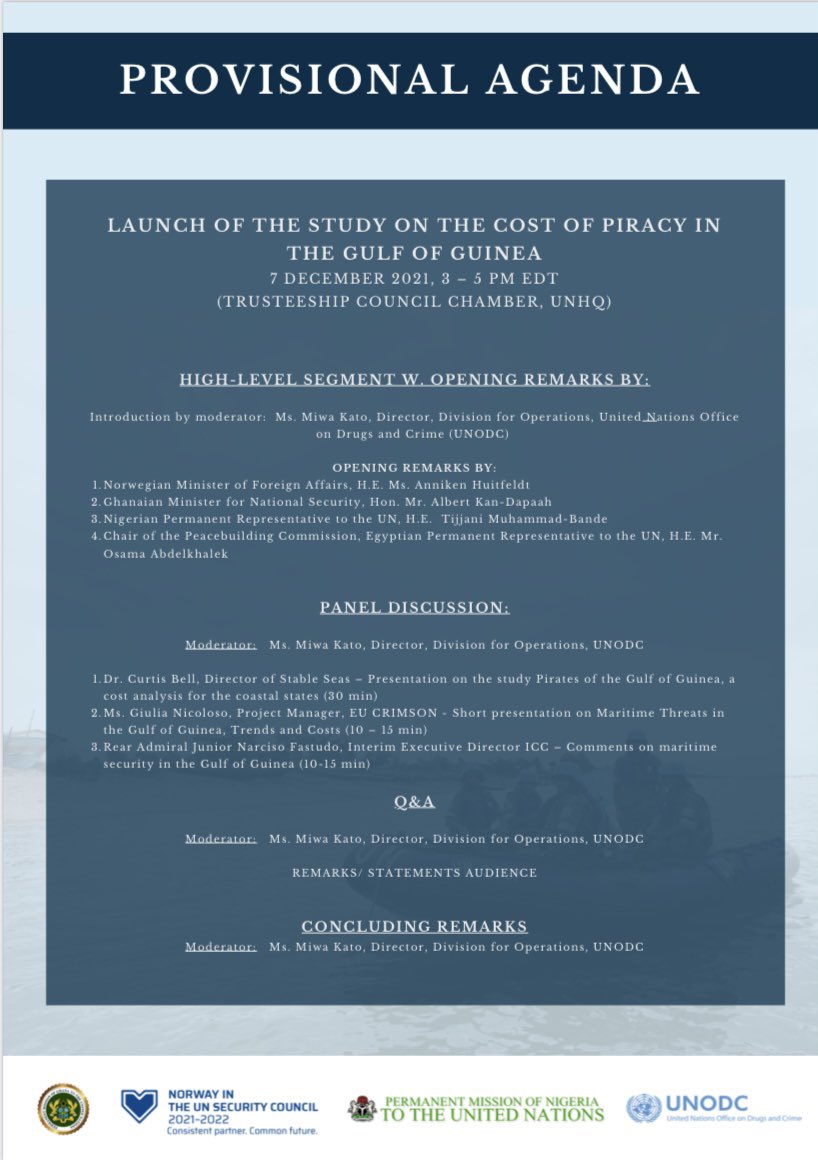 The Cost of #piracy in the #GulfofGuinea - Stable Seas Report launched today at high-level event Speakers: <a href="/AHuitfeldt/">Anniken Huitfeldt</a> Hon Mr Albert Kan Dapaah <a href="/BandeTijjani/">Tijjani Muhammad-Bande</a> H.E. Mr Osama Abdelkhalek <a href="/UNPeacebuilding/">United Nations Peacebuilding and Peace Support</a> <a href="/MiwaKatoEmpower/">Miwa Kato</a> Adm Narciso Fastudo <a href="/cic_yaounde/">CIC Yaoundé</a> <a href="/GiuliaNicoloso/">Giulia Nicoloso</a> <a href="/curtismbell/">Curtis Bell</a>